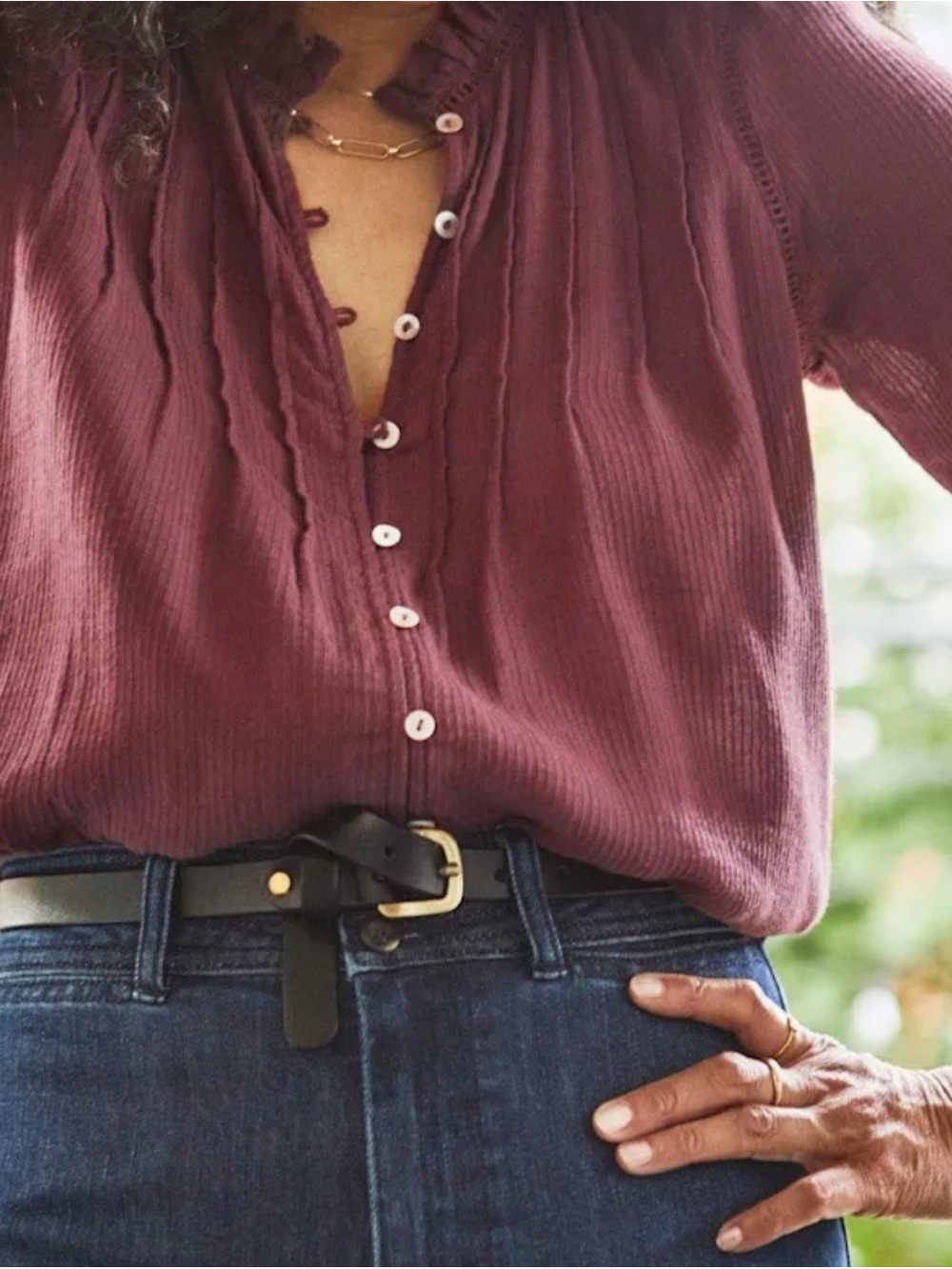 Faherty Button-Front Ruffled Yoke Blouse in Plum